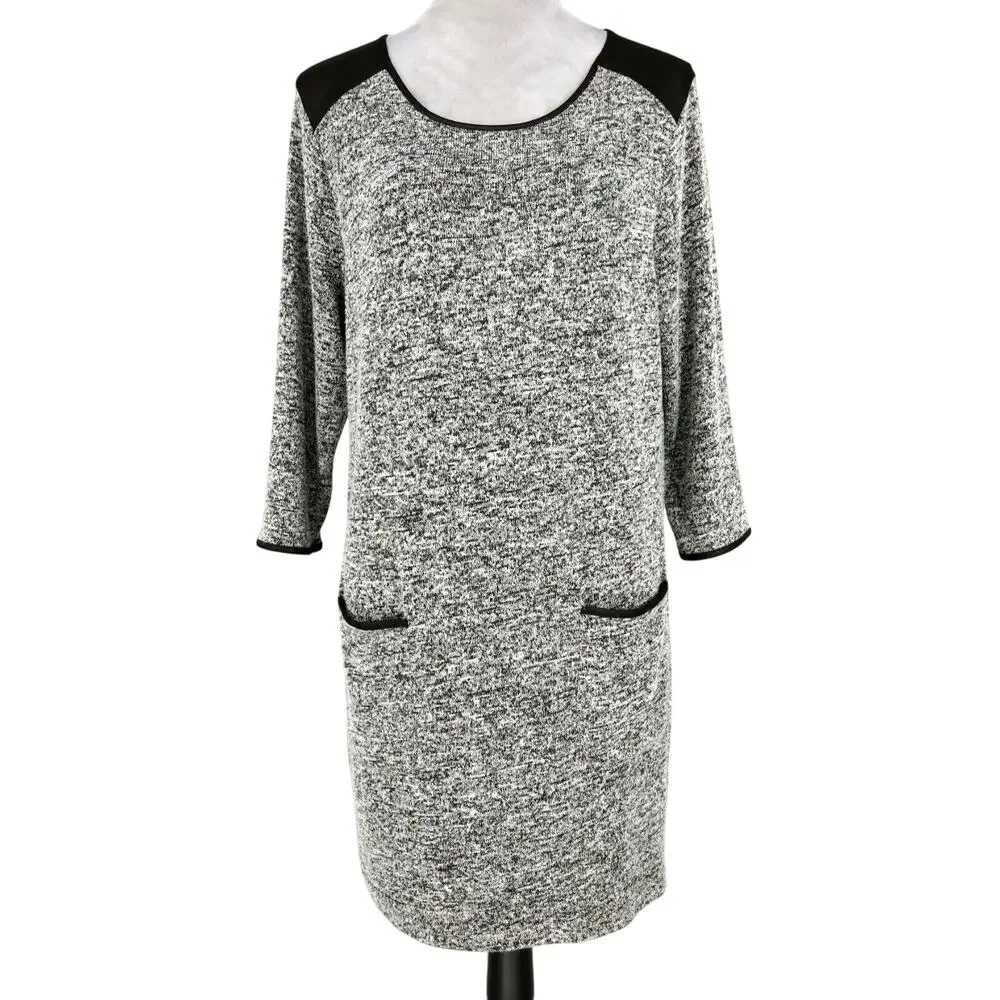 RD Style Dress Womens Large Gray Black Trim Stretch Knit Shift Pullover Pockets